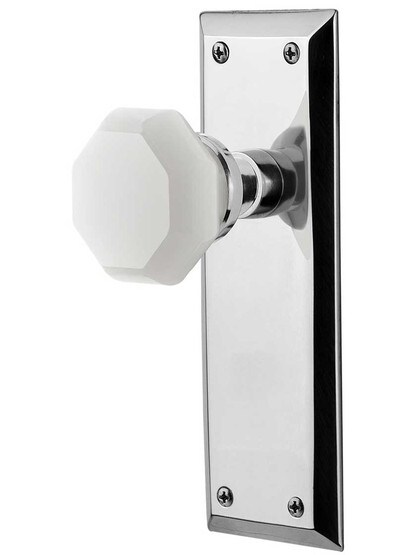 New York Door Set with Milk White Waldorf Crystal Glass Knobs in Polished Chrome.